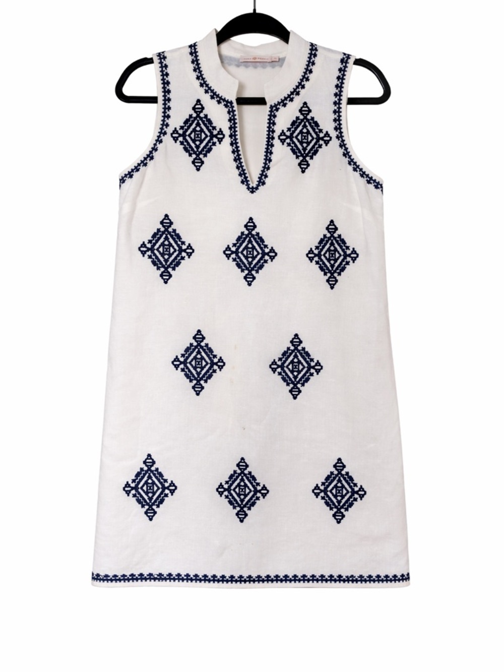 Tory Burch Celeste Embroidered Linen Blend Mini Dress – Ivory/Navy – Size M